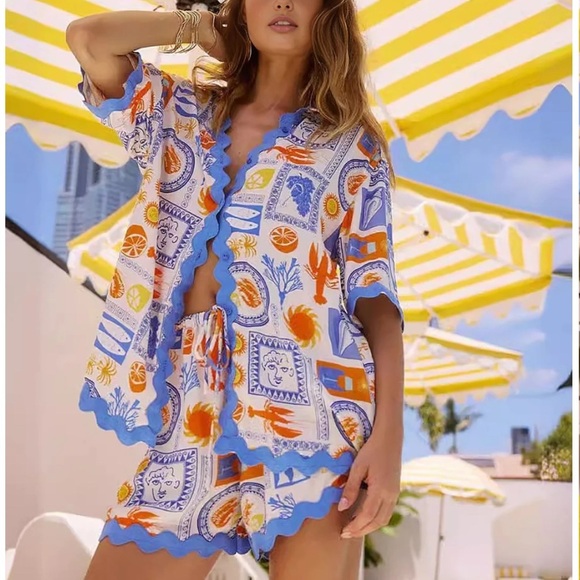 Commense Pants - Commense Scalloped Vibrant Blue Orange 2-Piece Matching Set M NWT